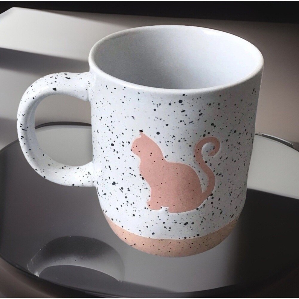 PAW & TAIL Ceramic Cat Coffee Mug - White speckled w/Pink -Micro & Dishwash Safe